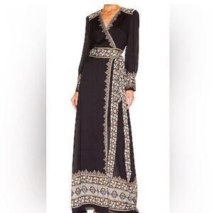 Veronica Beard Black Maxi Wrap Dress with Cream & Gold Embroidery